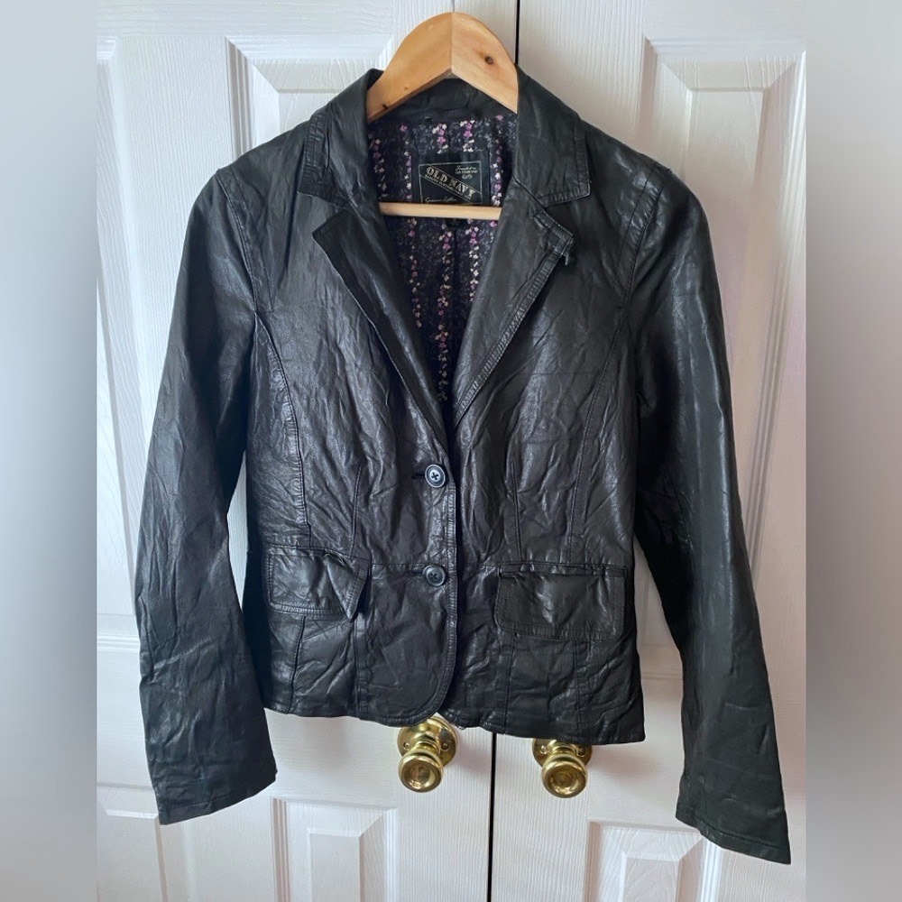 VINTAGE OLD NAVY Black 100% Leather Jacket Blazer SZ S